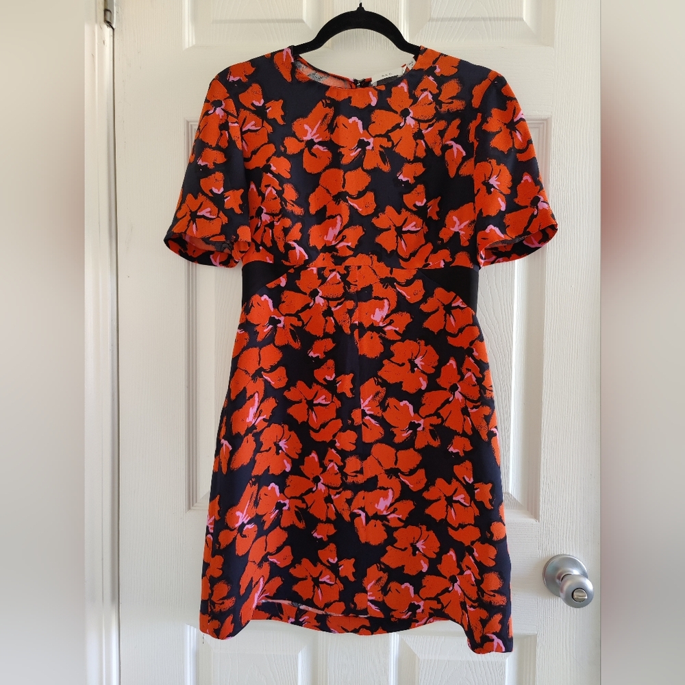 Silk A-line dress, A.L.C, orange/black floral print, 8